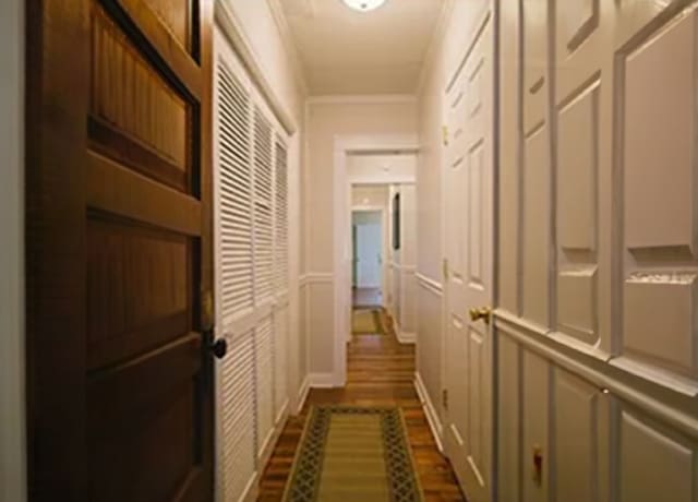 A hallway with two doors and a rug on the floor.