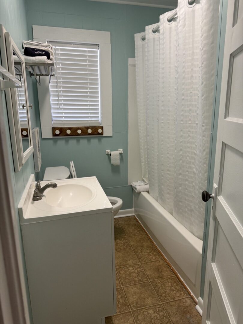 Small mint bathroom with shower and sink