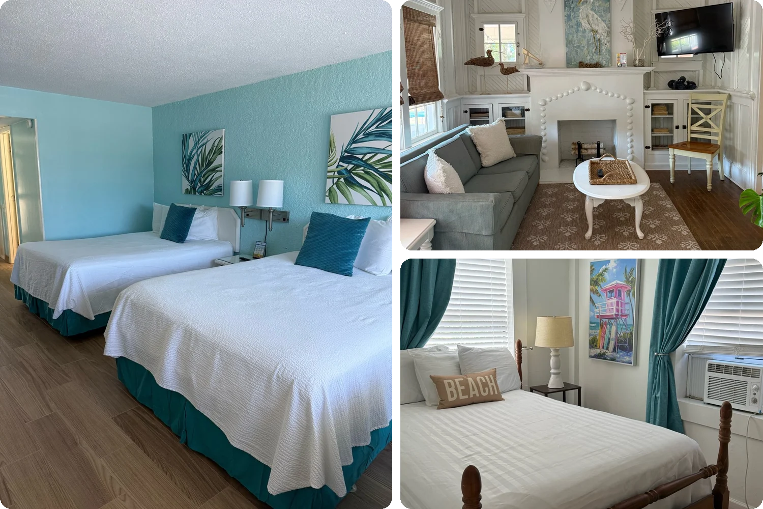 Guest rooms at the Darlington Inn & Cottages: a motel room with two queen beds, a cottage living room with a fireplace, and a cottage bedroom